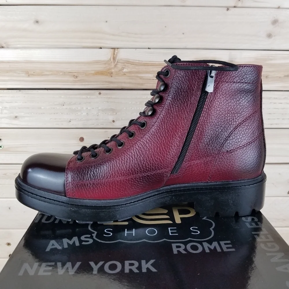 Men's Boots 10M 100% Genuine Leather Burgundy Biker Paul Branco Side Zip Lace-up